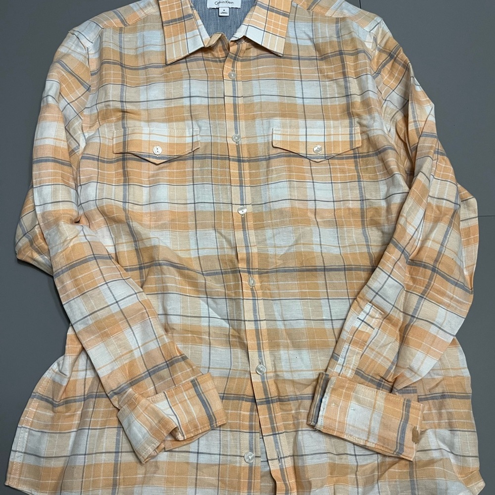 Calvin Klein Tan and White Plaid Shirt